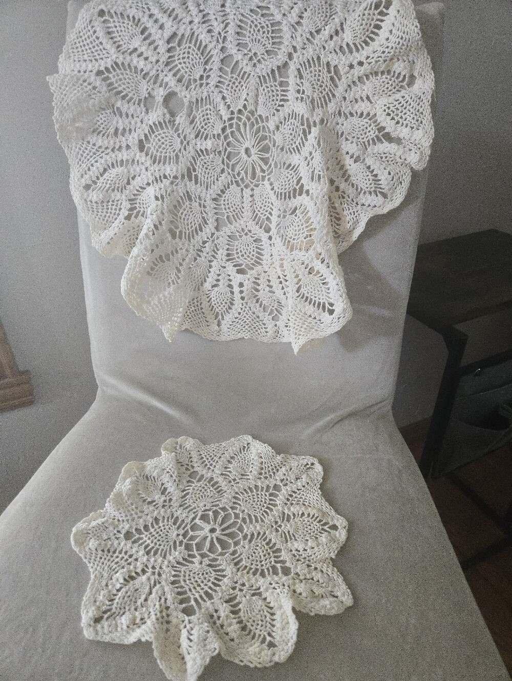 Antique Handmade Cream Crochet Doilies Set - 17" And 10"